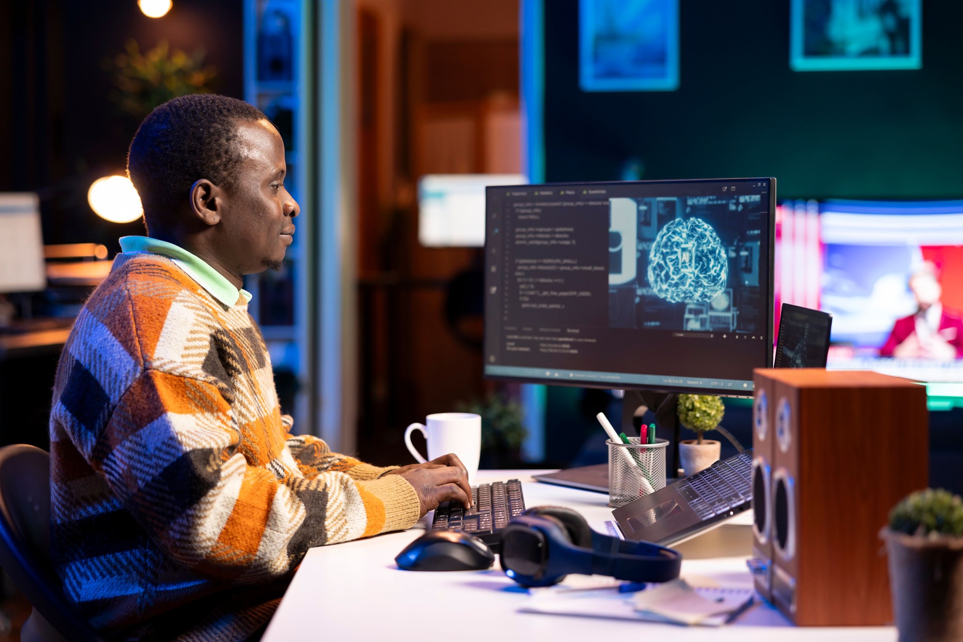 African american worker at desk using personal computer for programming
